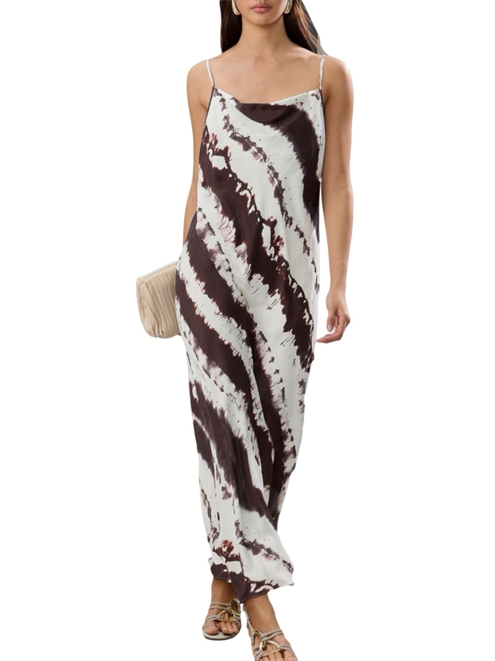 Cow Print Cowl Neck Slip Maxi Dress Brown Cream 8 NWT